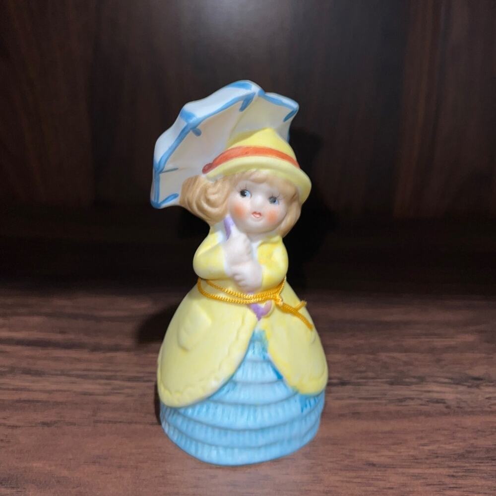 Vintage Adorabelles Little Girl Yellow Coat Blue Dress with Umbrella Bell 1979